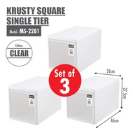 [HOUZE] [Set of 3] 33L Krusty Square | Rectangle Single Tier Drawer - Stackable | Sliding | Organizer | Storage | Plastic | Drawer| Case | Pull Out | Durable