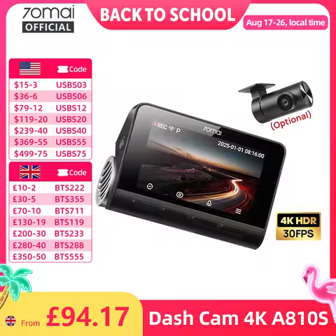 70mai Dash Cam A810S Front 4K Rear 1080P Support 4G Module GPS & ADAS Night Vision Supercapacitor Ca