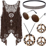 5 Pcs Halloween 60s 70s Disco Outfit for Women Leopard Jewelry Set Hippie Costume Accessories Vest Head Chain Sunglasses