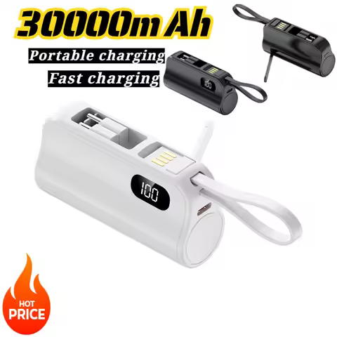 New 30000mAh Mini Power Bank Portable Charger Capsule PowerBank Built-in Cables Fast Charging Extern