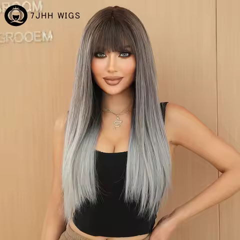 7JHH WIGS Costume Wig Synthetic Long Straight Ash Wigs with Dark Roots High Density Layered Hair Wig
