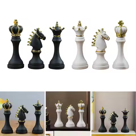 3x Modern International Chess Statue Board Games Ornament King Queen Knight
