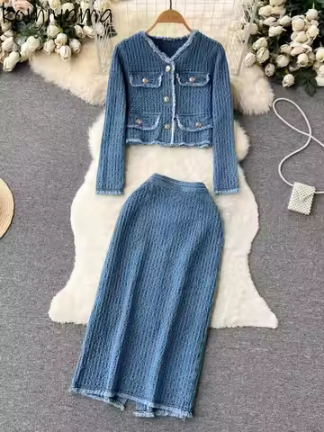 Denim Suit Women Raw Edge Long Sleeve Short Jeans Jacket + Split Midi Skirts Autumn Small Fragrance