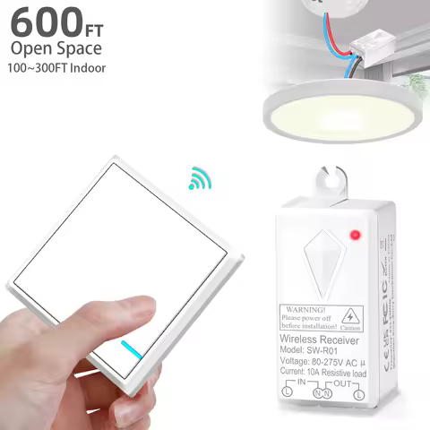 Wireless Light Switch 1 Gang Remote Wall Switch with Mini Receiver Push Button Transmitter up to 600