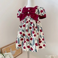 Dress for Kids Girl 3 Girls' Pure Cotton Bubble Sleeve Dress 1 Summer Korean New Print Bow Princess Dress 2-12 Years Old Girls' Birthday Baptist Party Dress