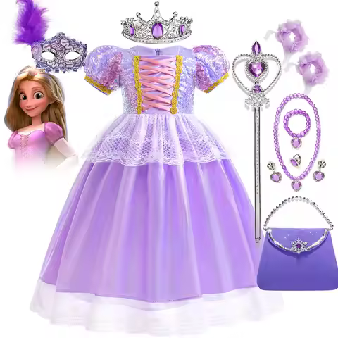 2026 Tangled Summer Girl Cosplay Purple Rapunzel Cute Short Sleeve Dress + Accessories Set Carnival 