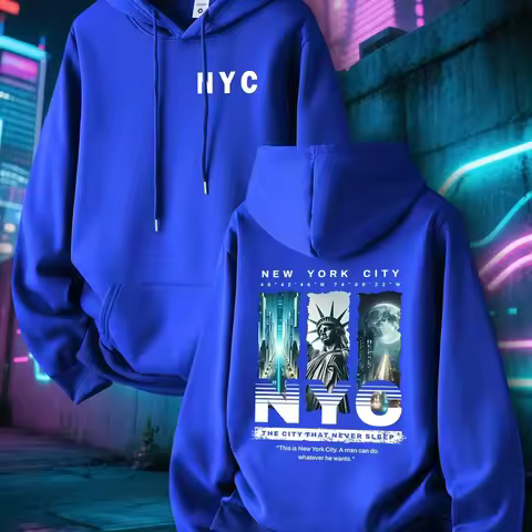Fall/Winter Men's Fleece Hooded Sweatshirt with New York Statue of Liberty City Night View Print New