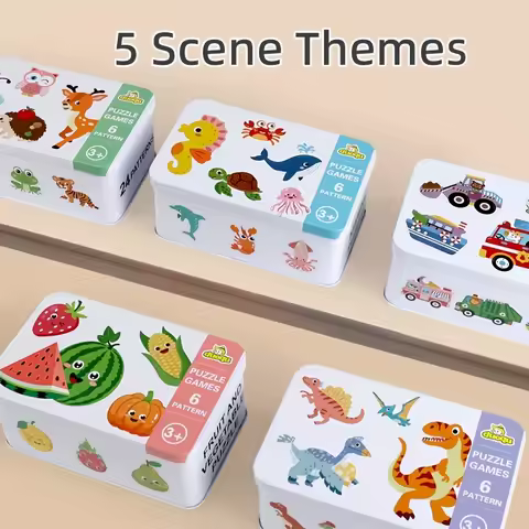Wooden Cognitive Matching Puzzle for Children – Ocean, Dinosaur & Animal Theme in Reusable Tin Box, 