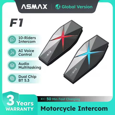 ASMAX F1 Mesh Motorcycle Intercom AI Voice HD 40mm Speakers 1250mAh Battery Pro-Level Helmet Communi