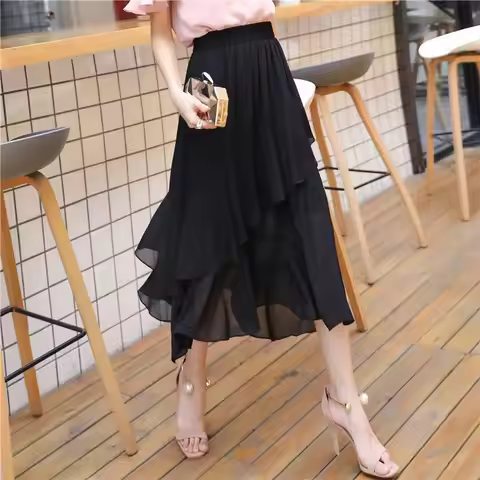 Plus Size Women Summer Chiffon Midi Skirt, Irregular A-line Thin Lightweight Black Skirt For Plus 20