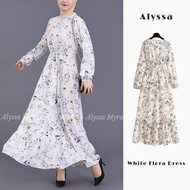 [Malay Stock] Alyssa Fashion Baju Raya 2023 White Maxi Dress Elegant Long Sleeve Floral Print Hijab outfit Kain Lembut
