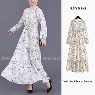 [Malay Stock] Alyssa Fashion Baju Raya 2023 White Maxi Dress Elegant Long Sleeve Floral Print Hijab 