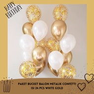 Paket Bucket Balon METALIK CONFETTI isi 24 pcs WHITE GOLD