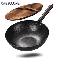 Onetwone 32cm Non-Coating Iron Pot cast iron pan General use for Gas and Induction Cooker Chinese Wok Cookware Scratch Resistant Kitchen Tools Cooking Wood Cover