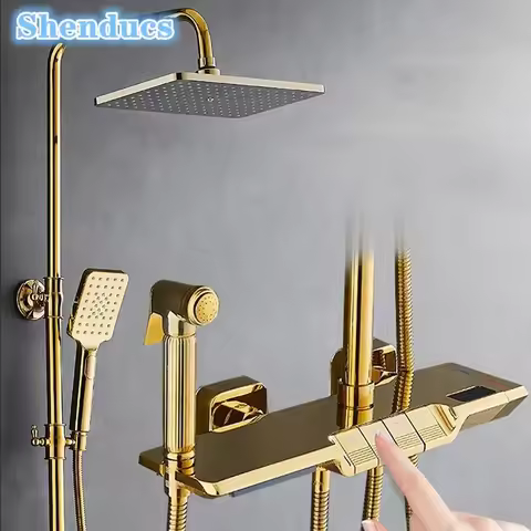 Gold Piano Digital Shower System Set Smart Hot Cold Bathroom Mixer Faucets Accessories Rain Shower H