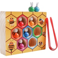 Toddler Fine Motor Skill Toy, Clamp Bee to Hive Matching Game, Montessori Wooden Bee Hive Toys, Wood
