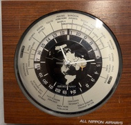 極罕庫存品，約80年代，Seiko，日本全日航空，木紋框，日本制石英靜音滑順秒針世界時鐘（古董 鐘表）