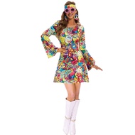 WGBWomen Hippie Costume 70s Peace Love Dress Adult Retro Disco Printed Long Sleeve Dress With Headba