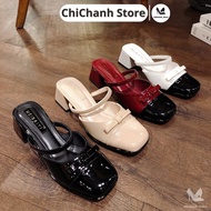 Women's 5-minute clogs, 5cm high heels, soft and smooth glossy leather, easy to wear on super pretty