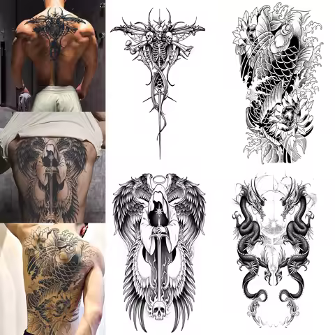 4 Sheets Judgment Angel Combo Full Back Tattoo Sticker, Realistic, Long-Lasting Waterproof for 1-2 W
