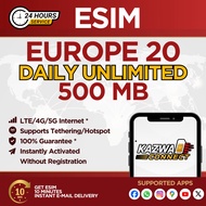 eSIM Europe 20 Daily Unlimited 500 MB Data | eSIM Activated Instantly