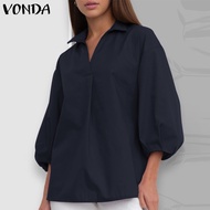 VONDA เสื้อเบลาส์แขน3/4โคมไฟพื้นลำลองของผู้หญิงเสื้อคอวีหลวมเสื้อยืด (แฟชั่นตะวันตก)
