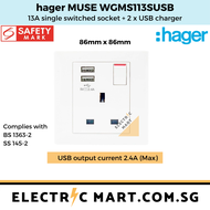 hager MUSE WGMS113SUSB 13A single switched socket outlet + 2 x USB charger c/w M3.5 x 27mm long screws (Suitable for BTO switch replacement HDB new installations Singapore standard size switch hole for easy installation) *NEW beehive-like design plate