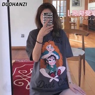 DUOHANZI 2023 ฤดูร้อนใหม่ผู้หญิงเสื้อสไตล์เกาหลีเสื้อยืดพิมพ์คอกลมยาวเสื้อ Oversize เสื้อยืด Oversize