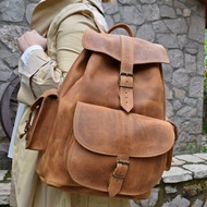 男士皮革背包，超大學院背包，手工蠟皮包