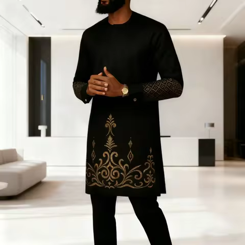 New African Traditional Men's Elegant Fashionable Casual Embroidery Two Piece Suit Set Kaftan - Late
