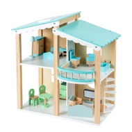 บ้านตุ๊กตาไม้ 2 ชั้ พร้อมเฟอร์นิเจอร์ สีฟ้า บ้านตุ๊กตา บ้านตุ๊กตาไม้ Wooden Doll House ของขวัญวันเกิ