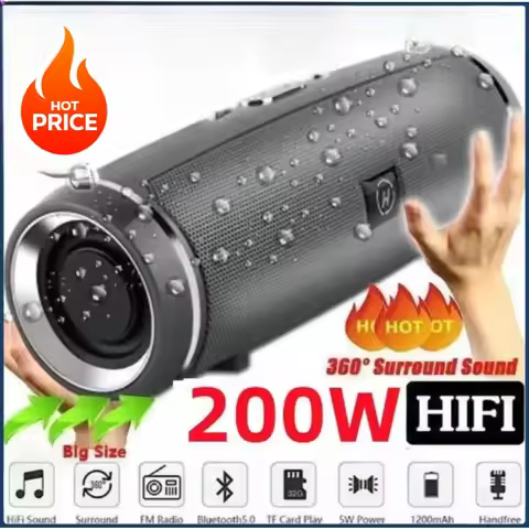 New 200W Portable Bluetooth Speaker IPX7 Waterproof Outdoor HIFI Pillar Speaker Subwoofer Stereo Spe