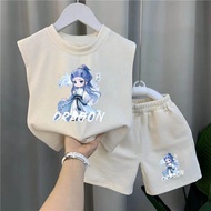 E-Tath Summer Outfit for Boys Ice Silk Vest Set Cartoon Animation Design Two-Piece Sportswear Suitab