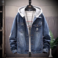 ☾✁✱Jaket denim bertudung robek lelaki Boanger jaket denim bersaiz besar longgar jaket pelajar kacak jaket denim lelaki