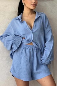 Nữ Vải Lanh Cotton 2 Bộ Ve Áo Điện Đơn Dài Tay Co Giãn Quần Short Công Sở Phong Cách Chắc Chắn