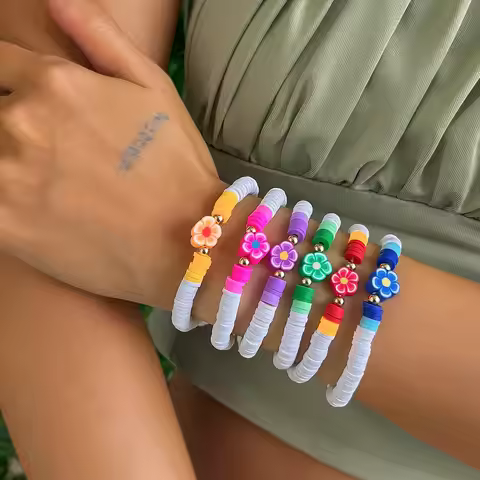 Boho 3/6Pcs/Set Colorful Flower Bracelets Set for Women Polymer Clay Beads Gradient Polychrome Elast