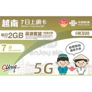 7日【越南】(每日2GB) 5G/4G無限上網卡數據卡SIM咭 S09(00591)(新舊包裝隨機發貨)