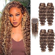 Highlight Bundles Human Hair with Closure, 10a Brazilian Deep Wave Human Hair 4 Bundles with 4x4 Clo