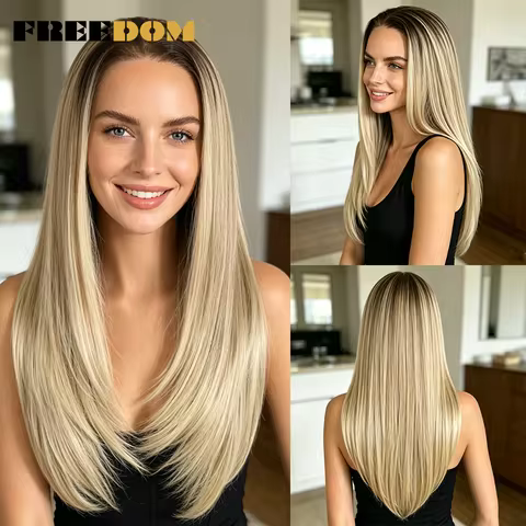 Synthetic 24 Inch 13x6 Lace Front Wigs For Women Ombre Brown Ash Blonde Straight Layered Wig Pre-plu