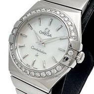 OMEGA星座系列鑽石錶圈 123.15.24.60.05.001，含包裝盒，不鏽鋼石英錶，白色貝殼錶盤，女士
