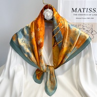 油画小方巾丝巾女春秋冬季妈妈搭配衬衣护颈围脖子围巾纱巾70x70Oil painting small square scarf female spring autumn and winter moth