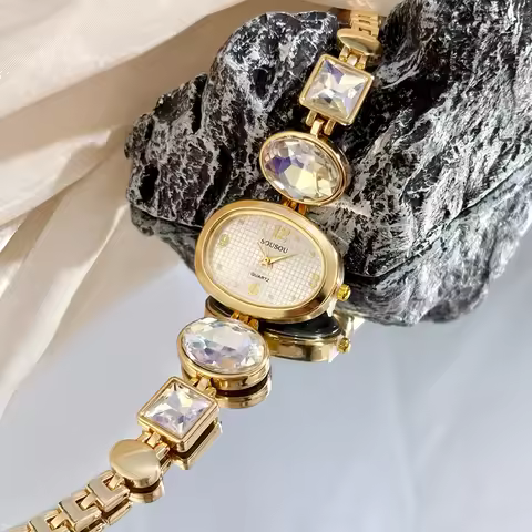 Ladies Watch: Smooth Pebble Case Colorful Gem-Set Band Elegant Brilliant Statement Watch