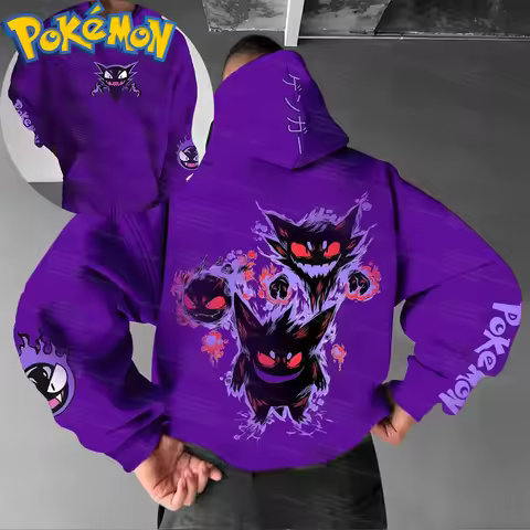 Purple Cotton Pokemon Hoodie Set with Mysterious Character Back Print Red Eyes Design and Sleeve Pat