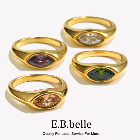 E.B.belle Horse Eye Zircon Seal Ring Colorful Hypoallergenic 316L Stainless Steel Decoration 18K Gol