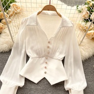 Chiffon shirt women blouse Korean style woman baju ootd style perempuan women blause wanita bubble blous v neck shirt blouse women long sleeve blouse plus size baju blouse wanita