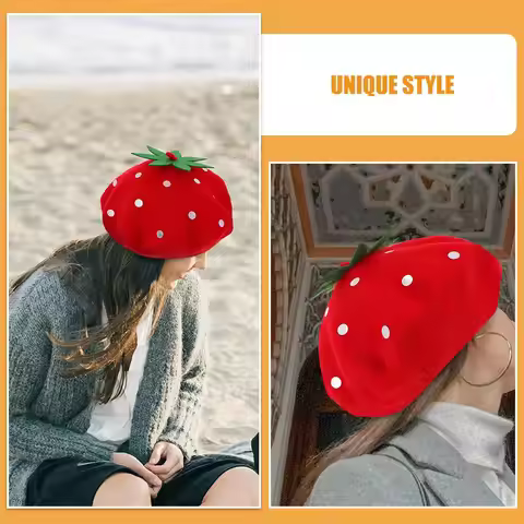 Strawberry Beret Hat Wool Blend French Party Hats Beanie Women Kawaii Headdress Stylish Cosplay Arti