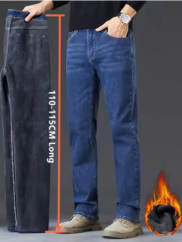 Men Extra Long Winter Jeans 110CM 115CM Fleece Warm Stretched Slim Fit Tall Guys Denim Trousers Cold