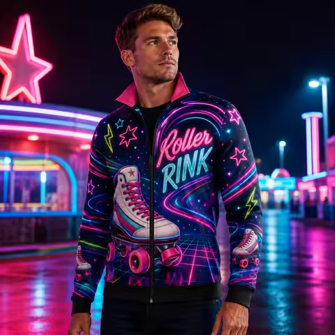 Men Retro Roller Skate 3D Print Jacket Neon 80s 90s Graphic Jackets Colorful Streetwear Zip Up Coat 