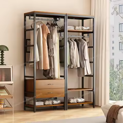 Open metal wardrobe, coat rack, floor rack, steel and wood combination corner wardrobe, household co