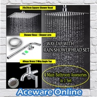 2 Way Bib Tap With Rain Shower Head SET Stainless Steel Wall Mounted High Pressure Tap Plus Shower Hose Shower Arm Set